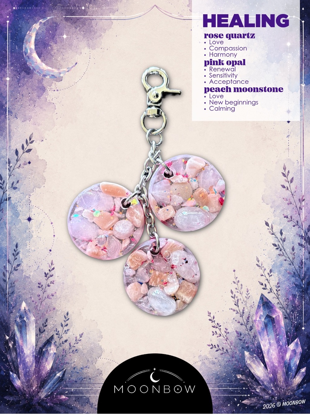 Moonbow Handmade Charm ft. Rose Quartz, Pink Opal + Peach Moonstone